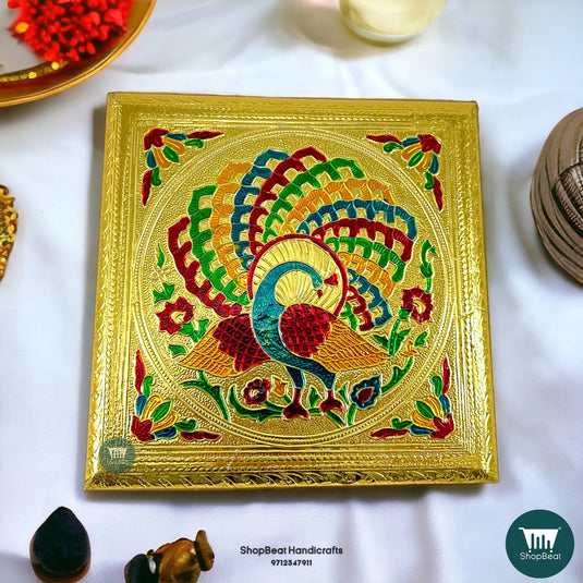 Golden Oxidised Peacock Pooja Chowki – Metal Leg Wooden Bajot 8x8 Inch