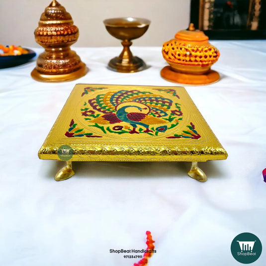 Golden Oxidised Peacock Pooja Chowki – Metal Leg Wooden Bajot 8x8 Inch
