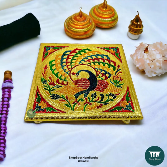Golden Oxidised Peacock Pooja Chowki – Metal Leg Wooden Bajot 10x10 Inch