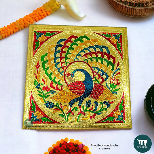 Golden Oxidised Peacock Pooja Chowki – Metal Leg Wooden Bajot 10x10 Inch