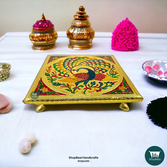 Golden Oxidised Peacock Pooja Chowki – Metal Leg Wooden Bajot 10x10 Inch