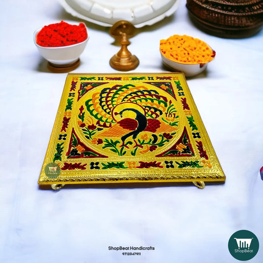 Golden Oxidised Peacock Pooja Chowki – Metal Leg Wooden Bajot 12x12 Inch