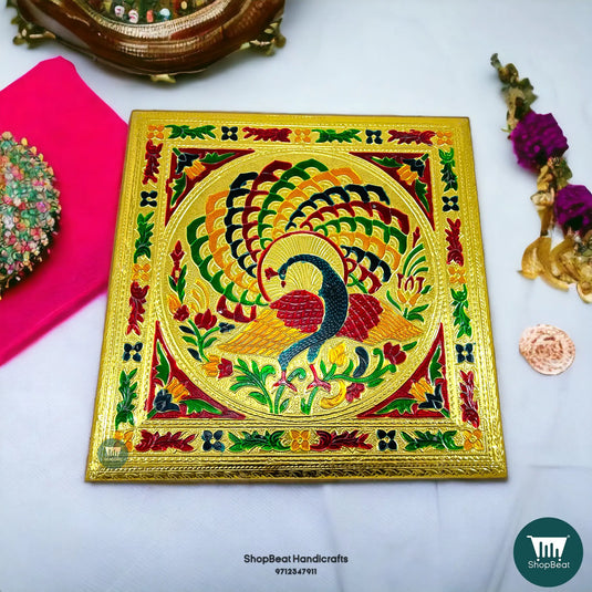 Golden Oxidised Peacock Pooja Chowki – Metal Leg Wooden Bajot 12x12 Inch