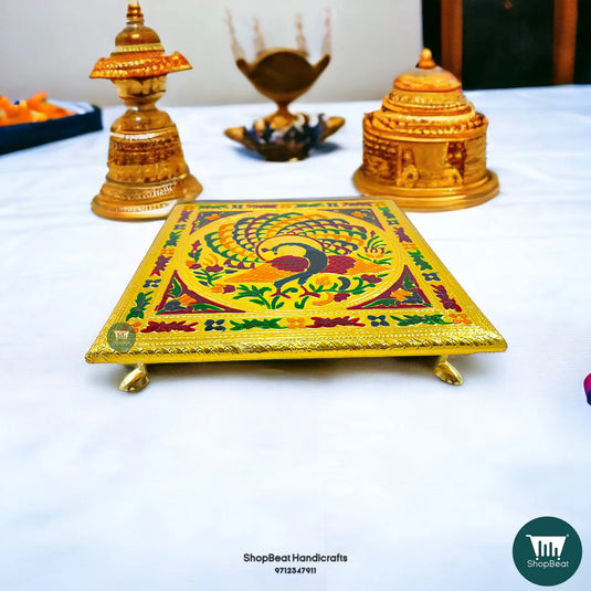 Golden Oxidised Peacock Pooja Chowki – Metal Leg Wooden Bajot 12x12 Inch