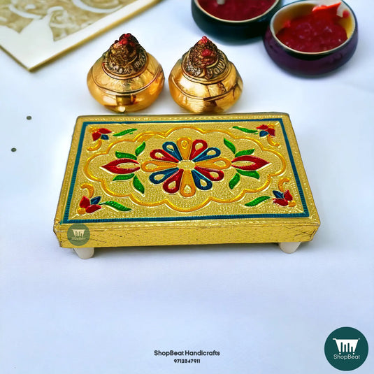 Golden Oxidised Flower Wooden Patli – Small Pooja Pat 5x3 Inch