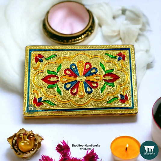 Golden Oxidised Flower Wooden Patli – Small Pooja Pat 5x3 Inch