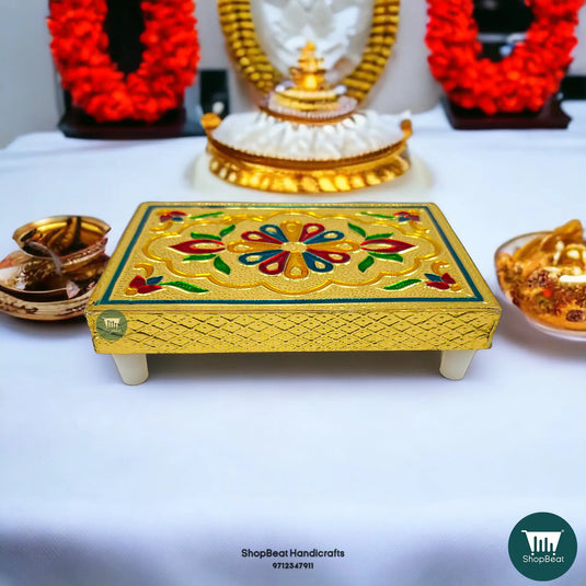 Golden Oxidised Flower Wooden Patli – Small Pooja Pat 5x3 Inch