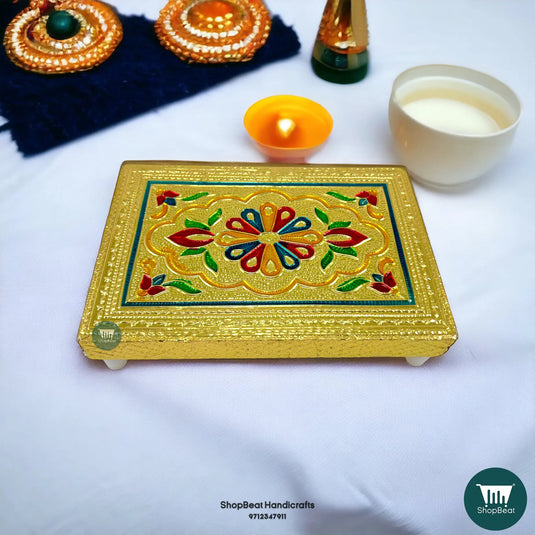 Golden Oxidised Flower Wooden Patli – Traditional Pooja Platform 6x4 Inch