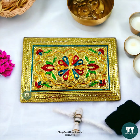 Golden Oxidised Flower Wooden Patli – Traditional Pooja Platform 6x4 Inch