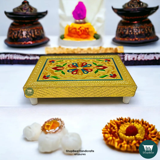 Golden Oxidised Flower Wooden Patli – Traditional Pooja Platform 6x4 Inch
