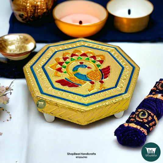 Golden Oxidised Octagon Peacock Pooja Chowki – Wooden Bajot 4x4 Inch