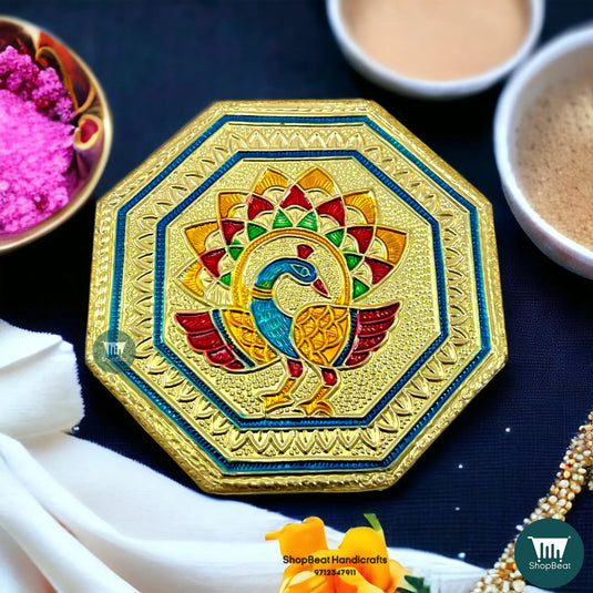 Golden Oxidised Octagon Peacock Pooja Chowki – Wooden Bajot 4x4 Inch