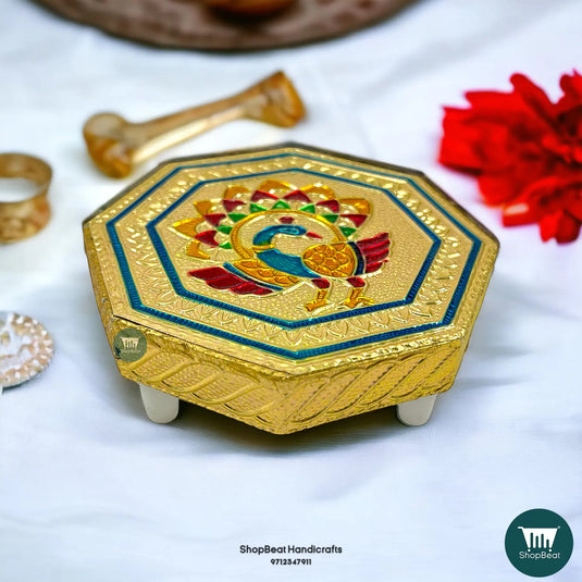 Golden Oxidised Octagon Peacock Pooja Chowki – Wooden Bajot 4x4 Inch