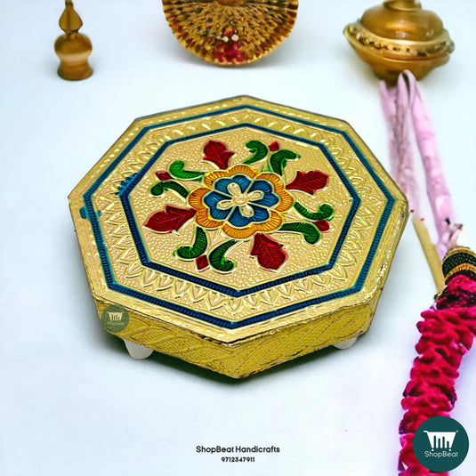 Golden Oxidised Octagon Flower Pooja Chowki – Wooden Bajot 4x4 Inch