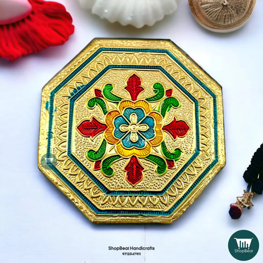 Golden Oxidised Octagon Flower Pooja Chowki – Wooden Bajot 4x4 Inch