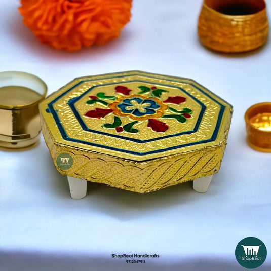 Golden Oxidised Octagon Flower Pooja Chowki – Wooden Bajot 4x4 Inch