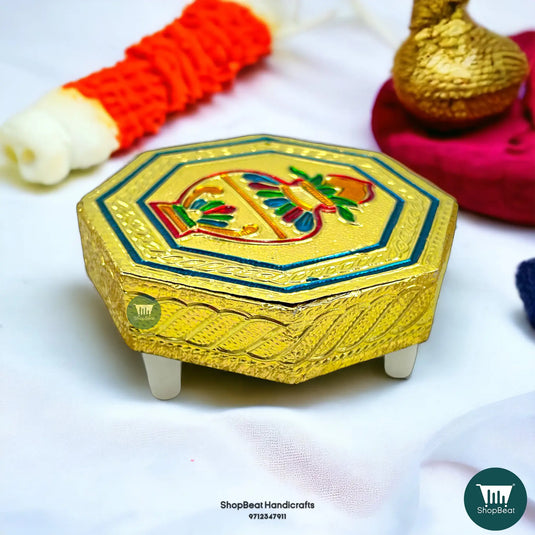 Golden Oxidised Octagon Kalash Pooja Chowki – Wooden Bajot 4x4 Inch