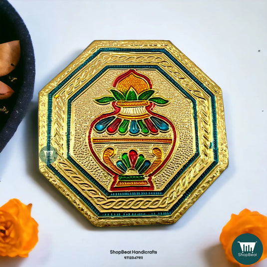 Golden Oxidised Octagon Kalash Pooja Chowki – Wooden Bajot 4x4 Inch