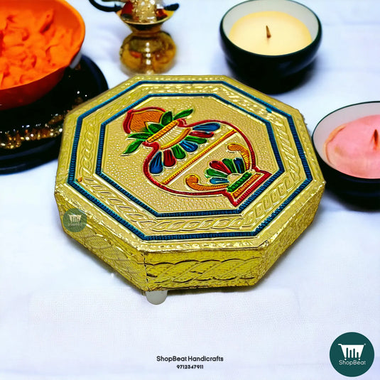 Golden Oxidised Octagon Kalash Pooja Chowki – Wooden Bajot 4x4 Inch