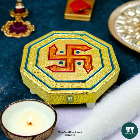 Golden Oxidised Swastik Pooja Chowki – Octagon Wooden Bajot 4x4 Inch