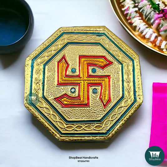 Golden Oxidised Swastik Pooja Chowki – Octagon Wooden Bajot 4x4 Inch