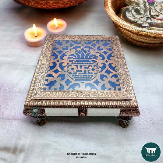 Copper Oxidised Kalash Pooja Chowki – 15x15 Inch Hand-Carved Wooden Bajot