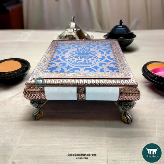Copper Oxidised Kalash Pooja Chowki – 15x15 Inch Hand-Carved Wooden Bajot