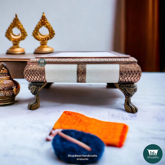 Copper Oxidised Kalash Pooja Chowki – 15x15 Inch Hand-Carved Wooden Bajot