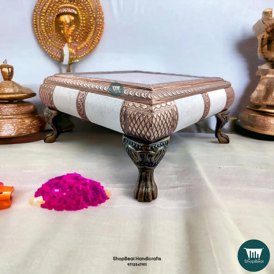 Copper Oxidised Kalash Pooja Chowki – 15x15 Inch Hand-Carved Wooden Bajot