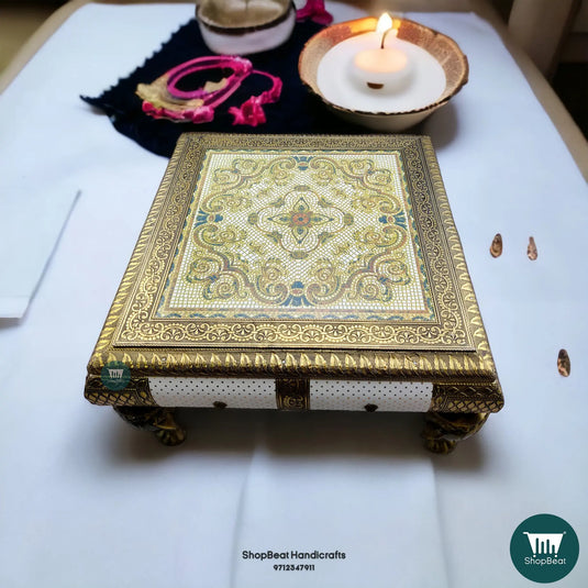 Golden Oxidised White Poster Pooja Chowki – 15x15 Inch Wooden Bajot