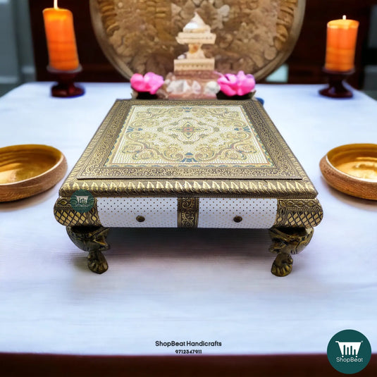 Golden Oxidised White Poster Pooja Chowki – 15x15 Inch Wooden Bajot
