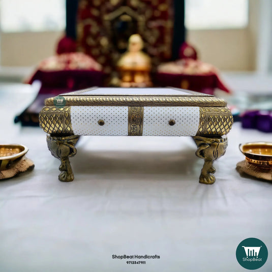 Golden Oxidised White Poster Pooja Chowki – 15x15 Inch Wooden Bajot