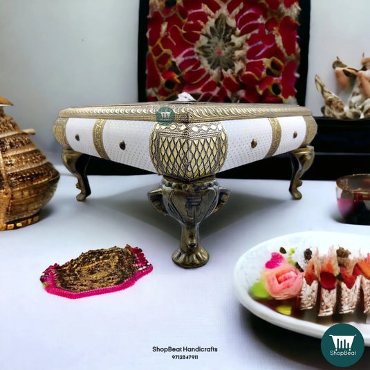 Golden Oxidised White Poster Pooja Chowki – 15x15 Inch Wooden Bajot