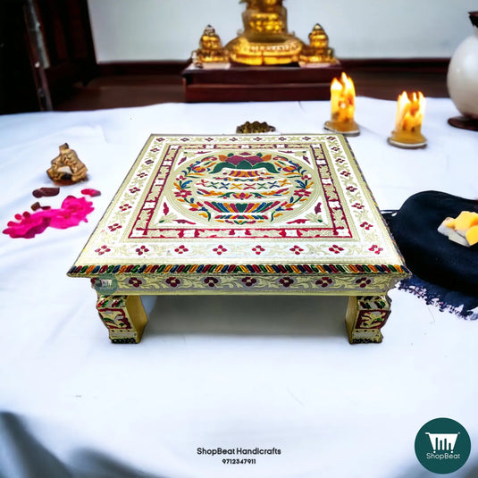 Meenakari Kalash Pooja Chowki – 15x15 Inch Handcrafted Wooden Bajot