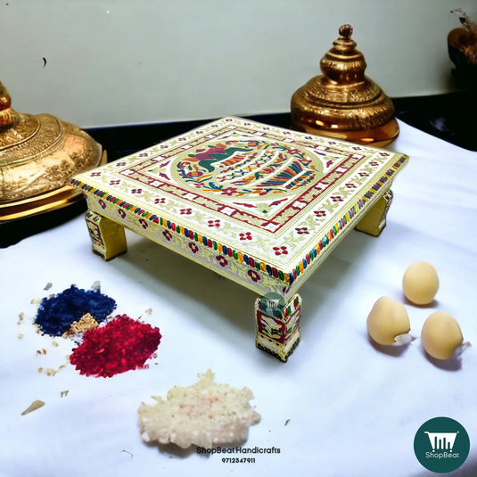 Meenakari Kalash Pooja Chowki – 15x15 Inch Handcrafted Wooden Bajot