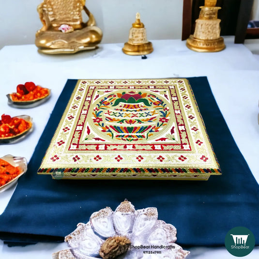 Meenakari Kalash Pooja Chowki – 15x15 Inch Handcrafted Wooden Bajot