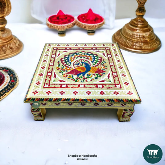 Meenakari Peacock Pooja Chowki – 15x15 Inch Handcrafted Wooden Bajot