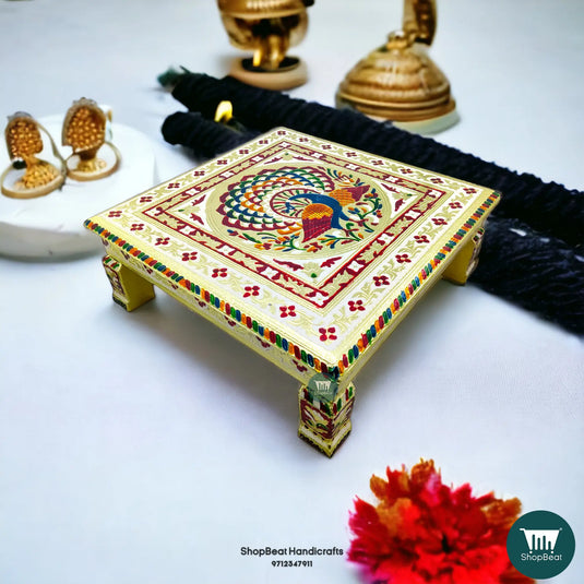 Meenakari Peacock Pooja Chowki – 15x15 Inch Handcrafted Wooden Bajot