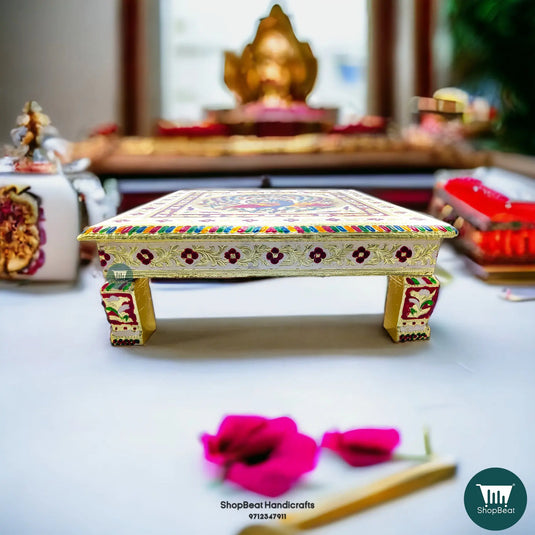 Meenakari Peacock Pooja Chowki – 15x15 Inch Handcrafted Wooden Bajot