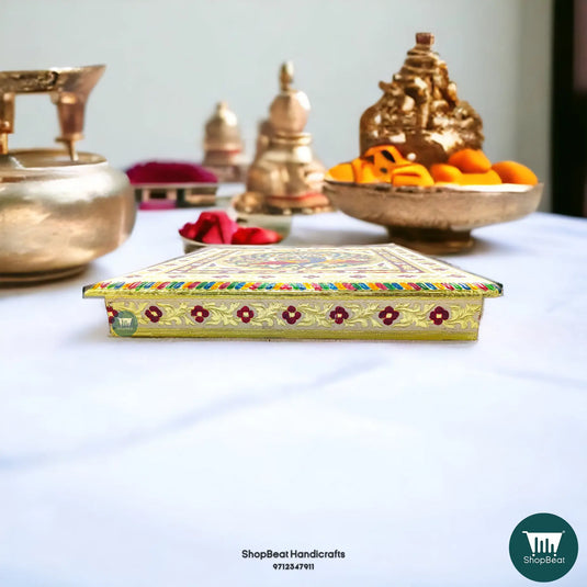 Meenakari Peacock Pooja Chowki – 15x15 Inch Handcrafted Wooden Bajot