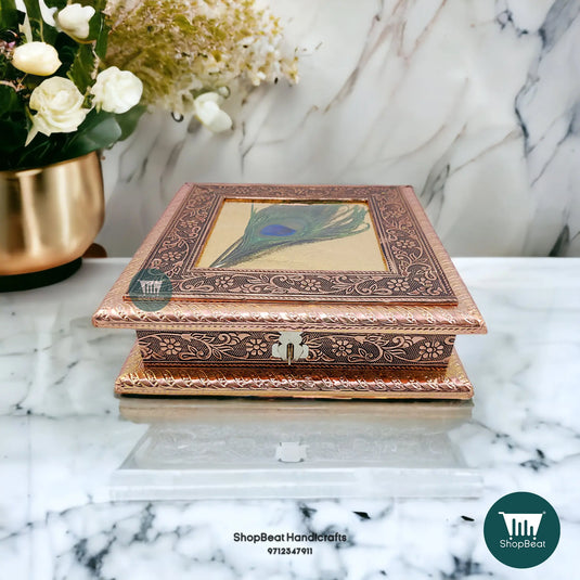 Copper Oxidised Wooden Dry Fruit Box – Peacock Feather 8x8 | ShopBeat