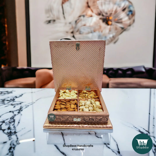 Copper Oxidised Wooden Dry Fruit Box – Peacock Feather 8x8 | ShopBeat