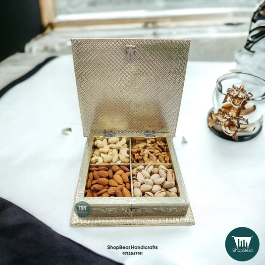 Silver Oxidised Wooden Dry Fruit Box – Peacock Feather 8x8 | ShopBeat