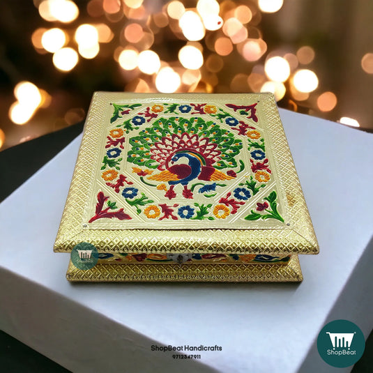 Golden Meenakari Wooden Dry Fruit Box – Peacock Left 8x8 | ShopBeat