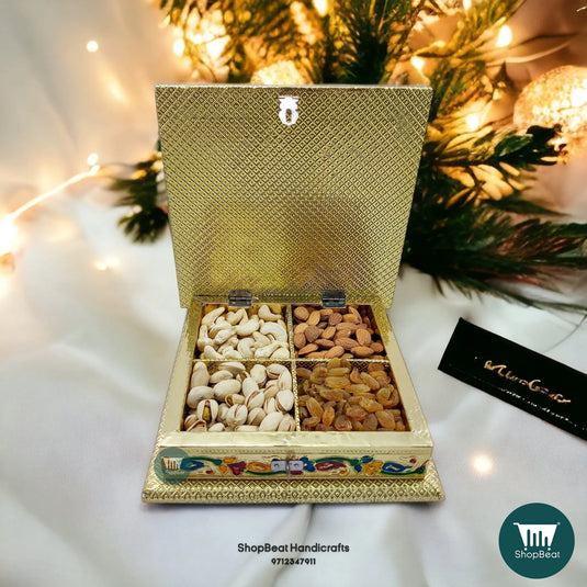 Golden Meenakari Wooden Dry Fruit Box – Peacock Left 8x8 | ShopBeat