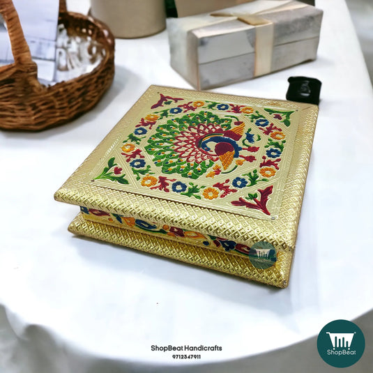 Golden Meenakari Wooden Dry Fruit Box – Peacock Left 8x8 | ShopBeat