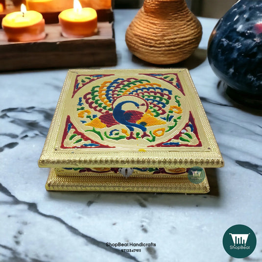 Golden Meenakari Wooden Dry Fruit Box – Peacock Right 8x8 | ShopBeat