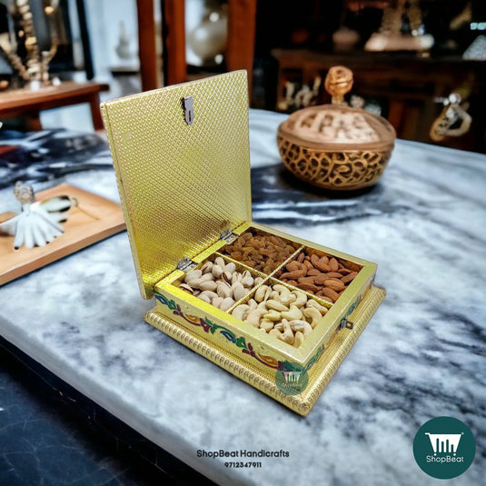 Golden Meenakari Wooden Dry Fruit Box – Peacock Right 8x8 | ShopBeat