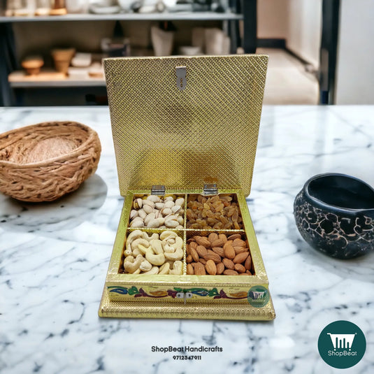 Golden Meenakari Wooden Dry Fruit Box – Peacock Right 8x8 | ShopBeat