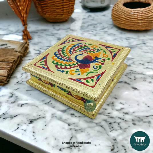 Golden Meenakari Wooden Dry Fruit Box – Peacock Right 8x8 | ShopBeat